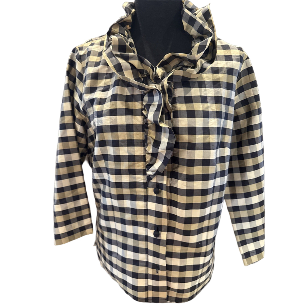 Carol Trotta Black Gold Plaid Silk Blouse Small USA